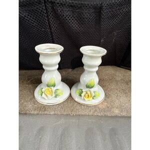 Pair White Porcelain Candle Holders Yellow Roses Gold Trim Japan Vintage